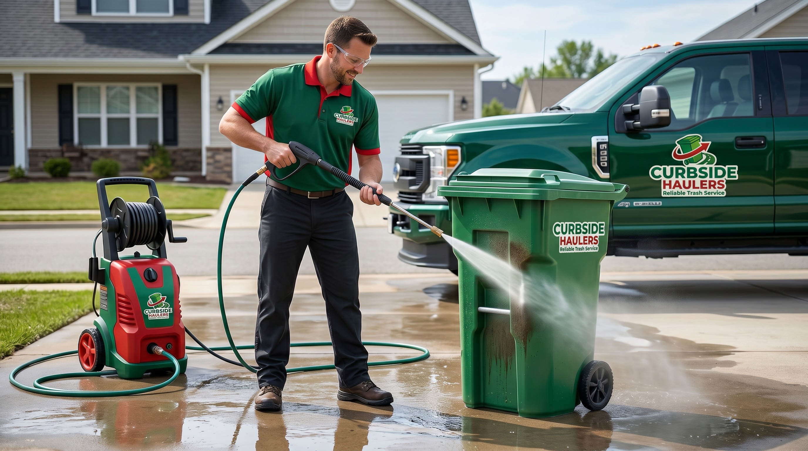 Worker power-washing a green Curbside Haulers bin