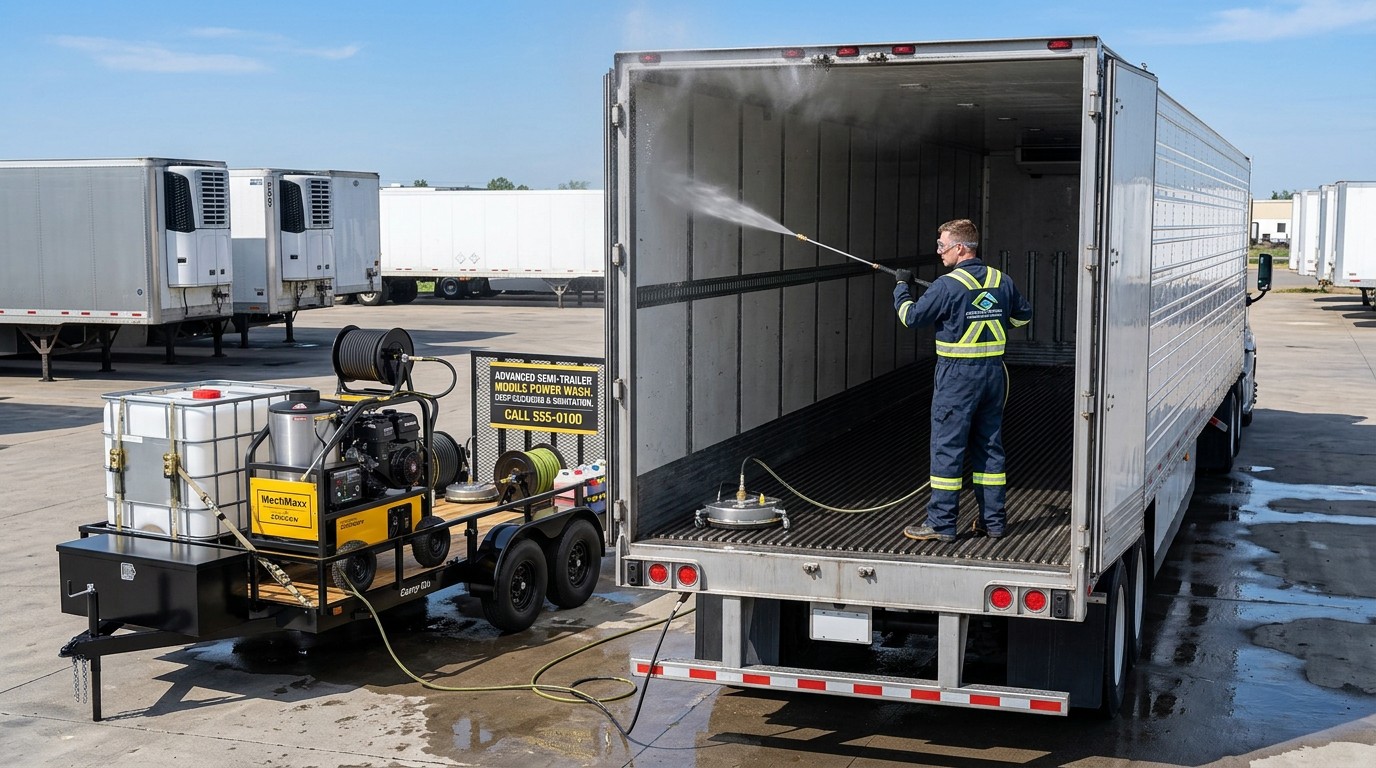 Technician power-washing the inside of a clean semi-trailer with a mobile wash rig